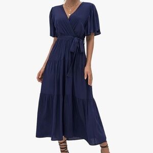 Boho Ruffle Cap Sleeve Wrap Midi Dress Navy Blue Belted A-Line Size XL